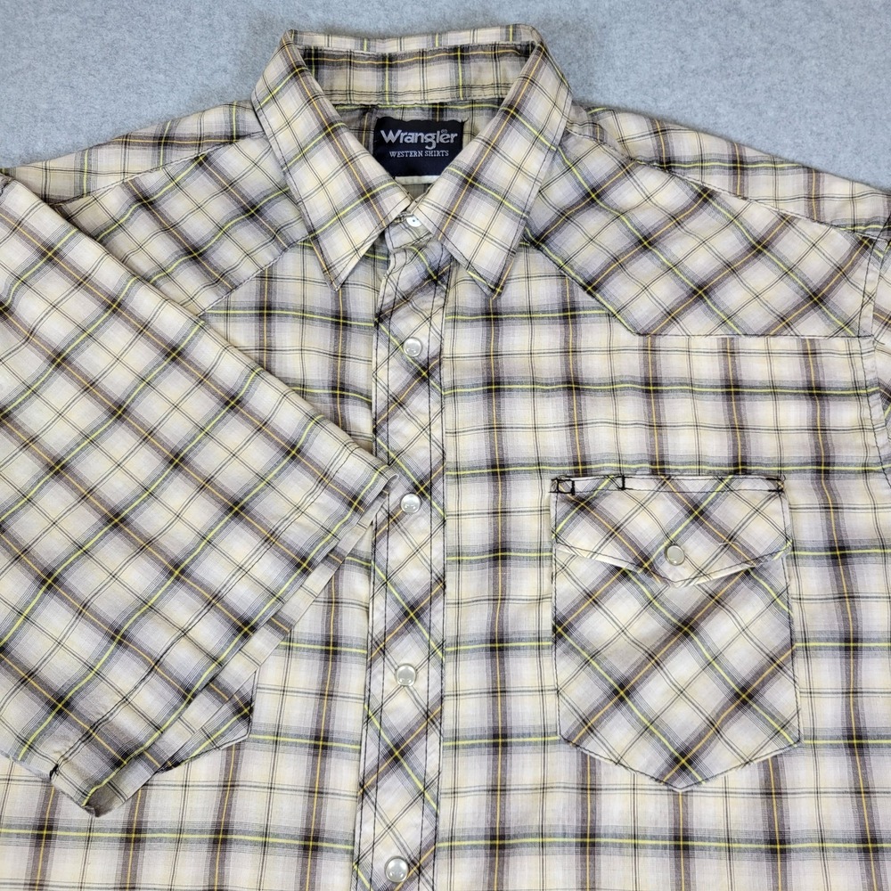 Wrangler Western‎ Shirt Men's Size 17 Tall Yellow Plaid Pearl Snap Short Sleeve